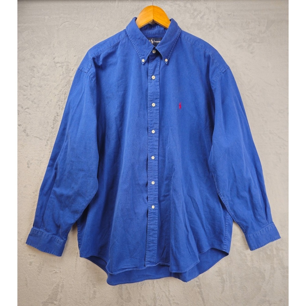 Polo Ralph Lauren Shirt Mens XL Blue Solid Cotton Twill Classic Red Pony